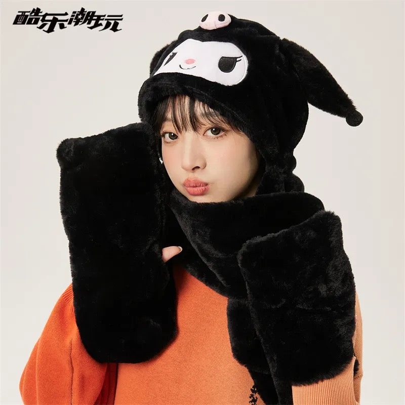 Cute plush thickened scarf gloves all-in-one hooded warm scarf