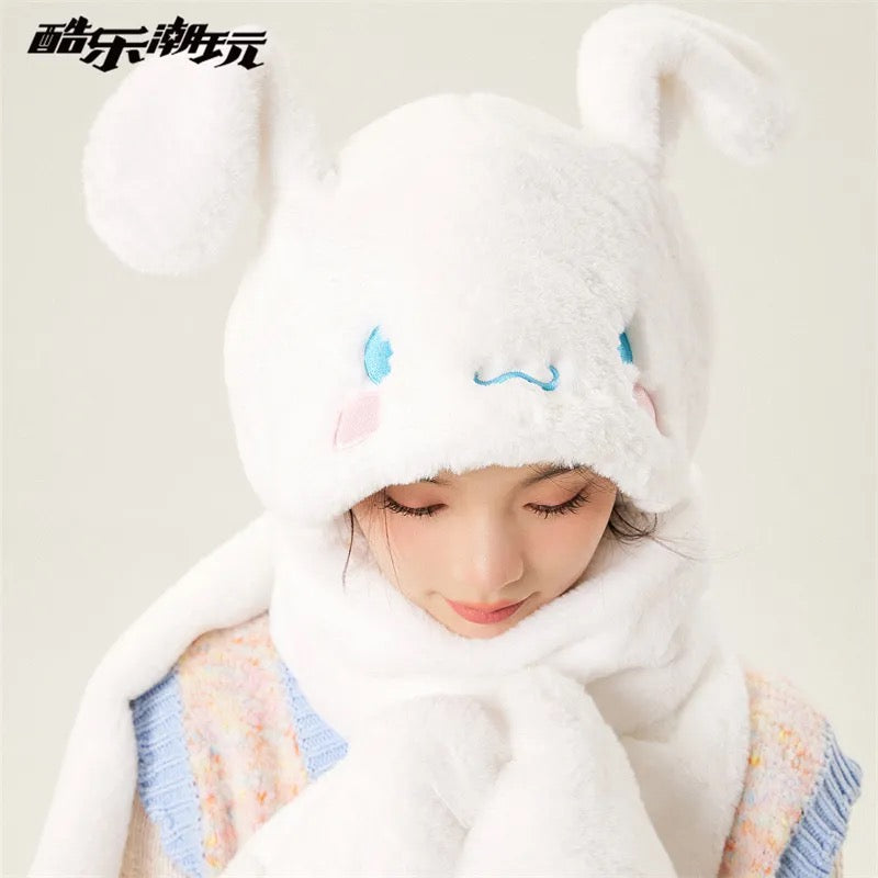 Cute plush thickened scarf gloves all-in-one hooded warm scarf