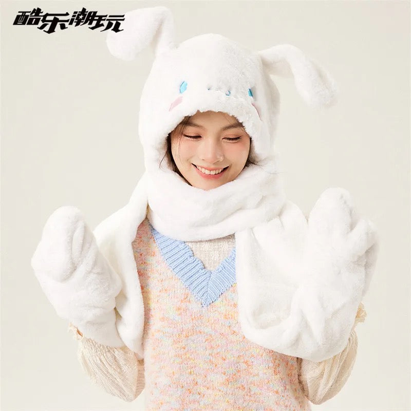 Cute plush thickened scarf gloves all-in-one hooded warm scarf