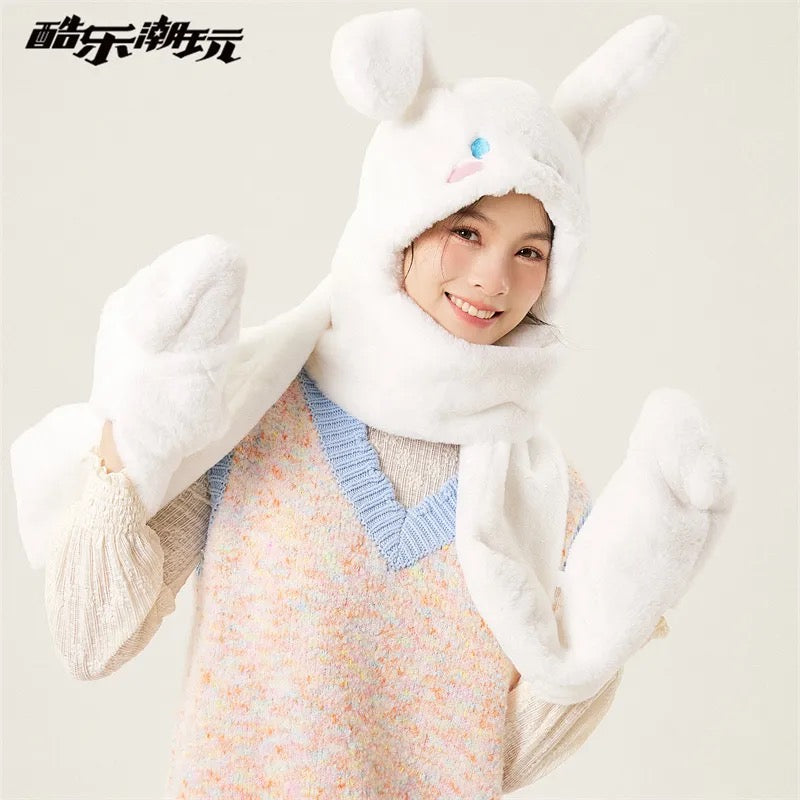 Cute plush thickened scarf gloves all-in-one hooded warm scarf